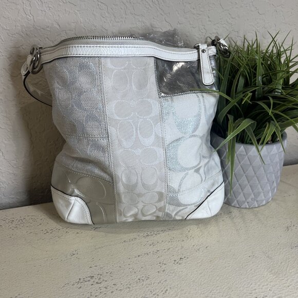 COACH (2008) GRAY WHITE Silver Patchwork Shoulder Hobo BAG 13496 - Picture 2 of 11